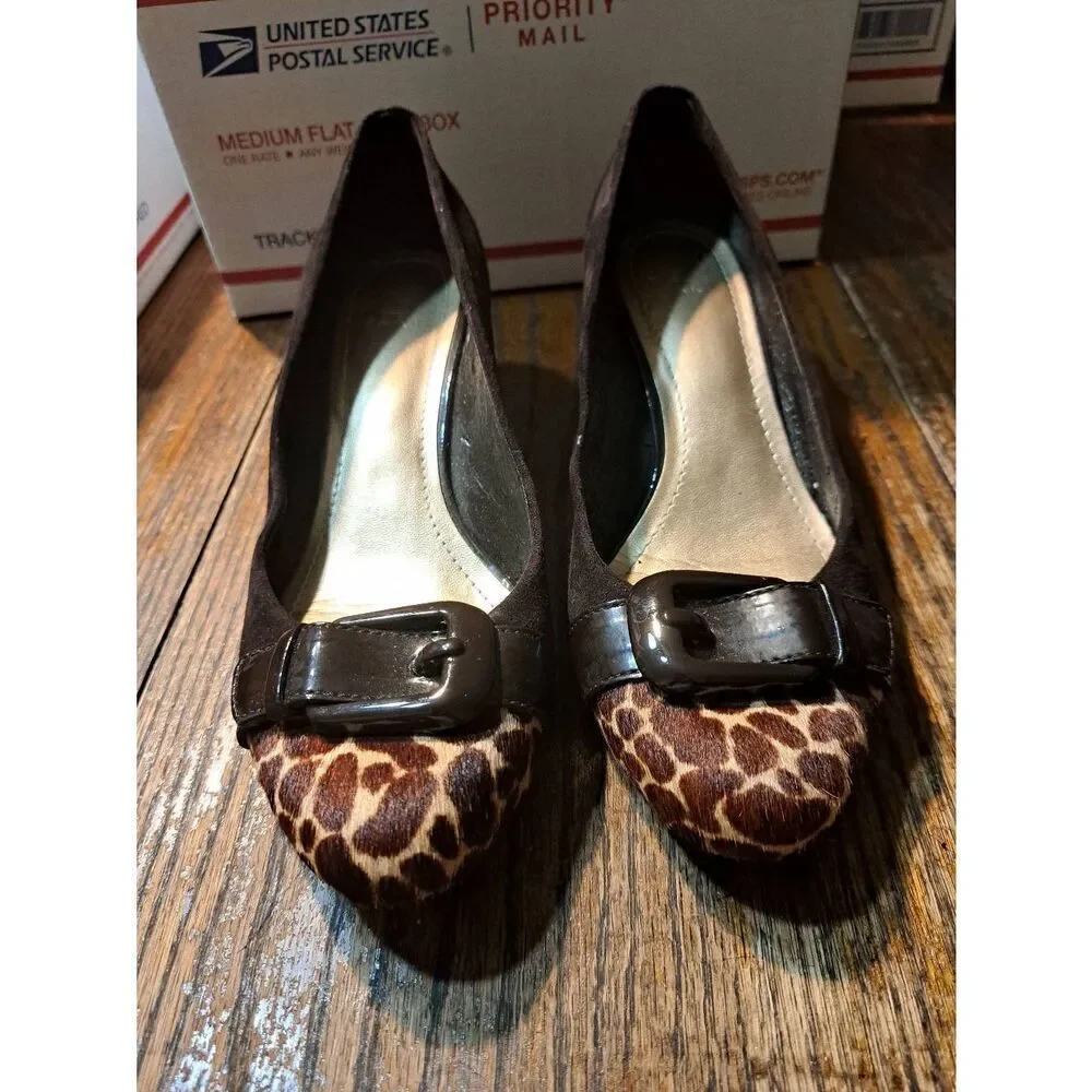6.5M Alex Marie Brown Ran Round Toe Slip On Animal Print Low Wedge Heel Shoes